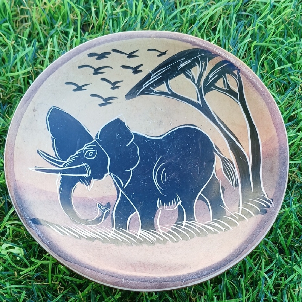 Handcrafted Elephant Art Plate - Brown and Black